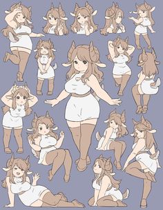 an anime character poses in various poses for the camera, with her hands on her hips