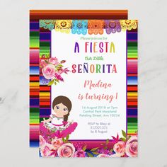 a colorful fiesta birthday party with flowers and mexican girl in the center, on a white marble surface