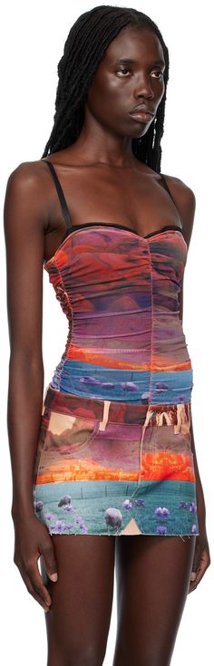 Semi-sheer deadstock stretch recycled polyester mesh camisole. Graphic pattern and ruching throughout. · Layered construction · Scalloped edge at sweetheart neck · Integrated bra with adjustable hook-eye fastening Supplier color: Oasis Strapless Multicolor Tank Top For Party, Strapless Multicolor Party Tank Top, Multicolor Fitted Tops With Adjustable Straps, Fitted Multicolor Tops With Adjustable Straps, Fitted Multi-color Tops With Adjustable Straps, Summer Nylon Camisole With Spaghetti Straps, Summer Nylon Bandeau Tops, Nylon Bandeau Tops For Summer, Strapless Nylon Tops For Summer