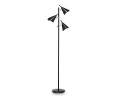 the three light floor lamp is black and has two lamps on each side of it