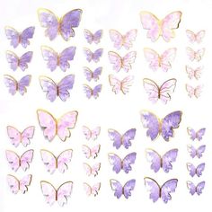 a bunch of purple butterflies on a white background