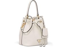 Modern White Bucket Bag With Gold-tone Hardware, Luxury Cream Bucket Bag With Gold-tone Hardware, White Leather Bucket Bag For On-the-go, White Bucket Bag With Gold-tone Hardware, Prada Bucket Bag, Black Satin Midi Skirt, White Leather-handled Bucket Bag, Black Satin Skirt, Silk Maxi Skirt