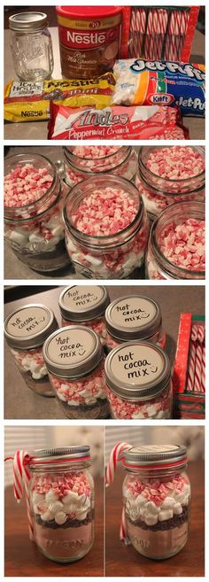 several pictures of candy in glass jars with candy canes on the top and bottom