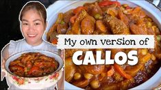 a woman holding a bowl of food next to a plate with chicken and carrots