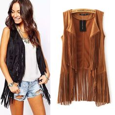 Tassel Vest, Fur Vest Women, Long Waistcoat, Mode Mantel, Fringe Fashion, Fringe Vest, Tassels Fashion, Sleeveless Cardigan, Fringe Jacket