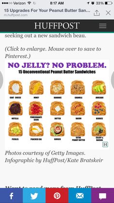 there are many different types of peanut butter sandwiches on this page, and the text reads no jelly no problem 15 unconventional peanut butter sandwiches