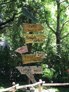 a wooden sign with many different signs attached to it's sides in front of some trees