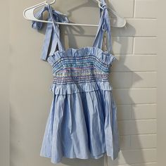 Tuckernuck Stripe Smocked Top, Size Xs, Blue & White W/ Rainbow Threading-Bnwt Blue Cotton Smocked Dress For Vacation, Casual Striped Smocked Dress With Smocked Back, Chic Blue Smocked Top With Smocked Back, Casual Striped Smocked Dress With Smocked Bodice, Chic Blue Smocked Back Top, Casual Striped Smocked Dress For Spring, Chic Blue Smocked Top, Casual Striped Smocked Dress, Casual Striped Smocked Dress For Summer