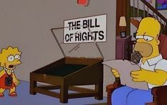 the simpsons sitting in a chair reading a newspaper next to a table with a sign on it