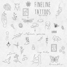 some tattoos are drawn on paper with the words fine line tattoos written in it and various designs