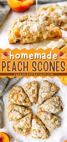 Add these Peach Scones to your best summer recipes! These homemade scones are fluffy, buttery, dotted with fresh peaches, and finished with a sweet honey vanilla glaze. Pin this delicious summer breakfast idea! Baking Recipes Peaches, Peach Cobbler Scones, Nectarine Scones Recipe, Fresh Peach Scones Recipe, Peach Scones Recipe Homemade, Fresh Peach Scones, Sourdough Discard Peach Scones, Peach Pie Scones, Fresh Peach Recipes Breakfast