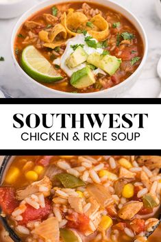 southwest chicken and rice soup in a white bowl