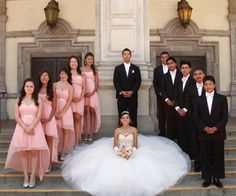 a bride and groom posing with their wedding party