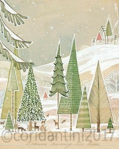 a christmas card with trees in the snow