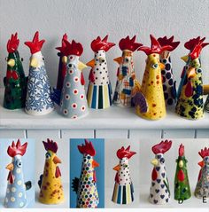 there are many different colored roosters on the shelf