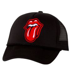 Red Lips Tongue Patch Trucker Hat Cap Rockstar Trendy Red Flat Bill Hat, Trendy Red Trucker Hat With Short Brim, Edgy Adjustable Snapback Hat, Trendy Red Trucker Hat With Flat Brim, Edgy Snapback Hat For Streetwear, Red Trucker Hat With Short Brim For Streetwear, Trendy Snapback Hat For Streetwear With Short Brim, Red Short Brim Trucker Hat For Streetwear, Trendy Snapback Hat With Short Brim For Streetwear