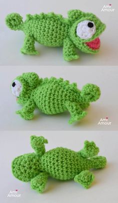 crocheted toy animals made to look like alligators are featured in three different photos