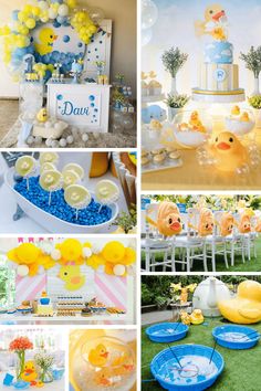 a collage of photos with balloons, plates and decorations for a ducky baby shower