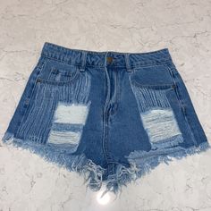 Nwot Never Worn Light Ripped Trendy Jean Shorts High Waist Ripped Blue Bottoms, Blue Ripped Short Bottoms, Ripped Blue Short Bottoms, Ripped Blue Shorts, Blue Ripped High Waist Shorts, Fitted Ripped Blue Shorts, Shein Shorts, Trendy Jeans, Jean Shorts