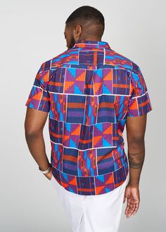 Style#: M2015 Step out with confidence, in our Keyon Men's African Print Button-Up Shirt in Purple Navy Kente. This dynamic cotton, button-up, shirt is a statement piece for the contemporary man who embraces bold style. Description Button-Up Shirt Short Sleeve Collared Neckline Pocket at Chest 100% Cotton Designed in the USA, imported *Print placement may vary* Care Instruction Hand Wash Cold. Mild Detergent. Do Not Bleach. Hang to Dry. Models Size: M | Height: 6'2 | Chest: 40 | Waist: 33" Multicolor Cotton Camp Shirt With Button Closure, Purple Button-up Shirt For Summer, Summer Purple Shirt With Button Closure, Summer Purple Button-up Shirt, Casual Purple Short Sleeve Shirt, Purple Short Sleeve Top With Button Closure, Purple Relaxed Fit Collared Shirt, Purple Relaxed Fit Short Sleeve Shirt, Casual Purple Shirt With Button Closure