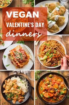 vegan valentine's day dinner collage with text overlays that reads vegan valentine's day dinners