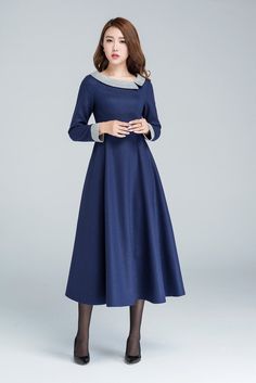 "Wear everywhere midi dress from Xiaolizi. The blue dress made from a soft wool fabric in a fit and flare-cut construction that's cut to a midi length. The winter dress topped with a round neckline + long sleeves. The ladies dresses finished with a banded waist. Details: * 30% wool, 30% fiber, 40% polyester, medium weight wool which we use now * fully satiny lining, only attached at the waist, more nice to the touch body * Round collar * Long sleeve * Two seam big pockets * Regular fit * Right s Winter Dress Party, Winter Wool Dress, Warm Winter Dresses, Midi Dress Winter, Maxi Dress Winter, Dress Modern, Dress Winter, Warm Dresses, Ladies Dresses