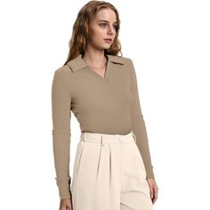 Women's Polo Shirts Long Sleeve, Collared V Neck Blouses, Ribbed Knitted Tops, Solid Color, Regular Slim Fit, Make A Trendy Bussiness Casual Tops For Women. The Fantastic Collared Shirt That You Can Dress Up Or Down. It's Great Pair With Jeans As A Casual Option, With Wide-Leg Dress Pants / Flared Fitted Pants / Shorts / Skirts Etc., It's A Very Versatil Top. Long Sleeve Polo Shirts For Women Is Perfect To Wear To Work, But Also Sporty And Attractive For The Weekends.Ideal For Daily Wear, Office V-neck Top For Office In Winter, Trendy Fitted Polo Sweater For Work, Fitted V-neck Polo Sweater For Work, Collared Sweater For Workwear In Fall, Chic Beige Polo Sweater For Work, Collared Office Tops For Fall, Beige V-neck Top For Office, V-neck Tops With Seamless Collar For Work, Fitted Long Sleeve Beige Polo Sweater