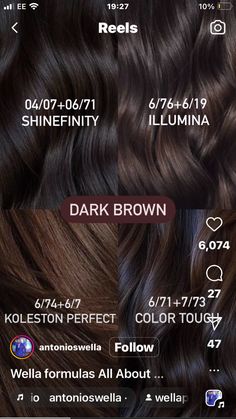 Dark Chocolate Color Hair, Wella Dark Brown Formula, Wella Brown Hair Color Chart, Rich Brown Hair Color Formula, Dark Chocolate Black Hair, Wella Hair Color Chart Brown, Brunette Hair Color Formulas, Wella Color Touch Formulas Brown, Brunette Hair Formulas