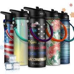 thermos bottles are lined up next to each other with an american flag design on them