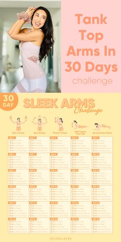 a poster with the words tank top arms in 30 days, and an image of a woman