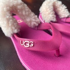 Ugg Bright Hot Pink Flipflop Sandals Never Worn. Pink Synthetic Slippers For The Beach, Pink Synthetic Beach Slippers, Fun Synthetic Flip Flops For Vacation, Fun Synthetic Sandals For Beach Season, Fun Open Toe Synthetic Flip Flops, Fun Synthetic Slippers For Beach, Fun Synthetic Open Toe Flip Flops, Fun Synthetic Slip-on Flip Flops, Trendy Round Toe Flip Flops For Swimming