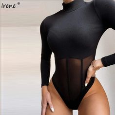 Irene Mesh Patchwork Sexy Jumpsuit Women Rompers Hight Neck Ribbed Long Sleeve Bodysuits Solid Skinny 2021 Spring Bodys Tops Turtleneck White, Women Bodysuit, Body Manga Longa, Bodycon Tops, Turtleneck Bodysuit, Tights Outfit, Blue Mini Dress, Long Sleeve Turtleneck, Beautiful Lingerie