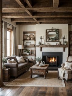 a living room filled with furniture and a fire place in the middle of a room