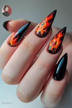 Nails To Match Red Hair, Fire And Ice Nails, Rock Festival Nails, Fire Element Aesthetic, Fire Nails Designs, Blue Flame Nails, Lava Nails, Whimsical Nails, Racing Nails