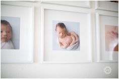 three baby pictures hanging on the wall with white frames and one is holding a baby's head