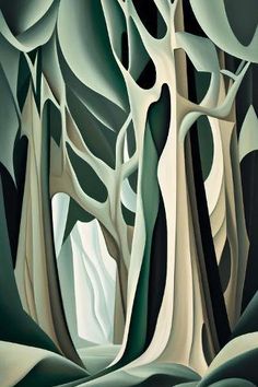 an abstract painting of trees in the middle of a forest with white and green foliage