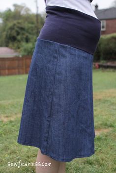 Maternity Skirt : From resale store find a larger  tank swimsuit,cut center out. This will be firm and tight enough not to fall down around waist. Works great on pants. Maternity Skirt Pattern, A Skirt Pattern, Skirt Tutorial, Maternity Skirt, Pregnant Woman