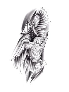 an owl with wings and a triangle on it's back is shown in black ink