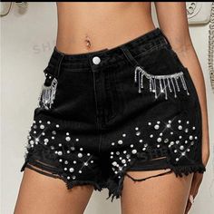 Like New Worn Once For Bachelorette Rhinestone Bejeweled Denim Shorts Size Small Trendy High Waist Jean Shorts For Parties, Trendy High Waist Embellished Bottoms, Trendy High Waisted Embellished Bottoms, Spring Party Jeans Shorts, Spring Party Jeans In Short Length, Black Denim Jeans For Party, Glamorous Summer Denim Bottoms, Spring Party Jeans, Glamorous Black Bottoms With Rhinestone Fringe