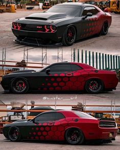 two different views of a red and black car