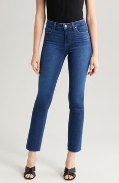 Add the perfect staple element to your denim collection with classic straight-leg jeans cut in a high-waisted silhouette and cropped with a raw-edge hemline. 28" inseam; 14" leg opening; 10" front rise; 15" back rise (size 29) Zip fly with button closure Five-pocket style 93% cotton, 5% polyester, 2% spandex Machine wash, line dry Imported Dark Wash Straight Hem Cropped Jeans, Dark Wash Cropped Jeans With Straight Hem, Classic Straight Cropped Jeans With Frayed Hem, Classic Straight Leg Cropped Jeans With Frayed Hem, Classic Straight Flare Jeans With Frayed Hem, Fitted Straight Cropped Jeans With Frayed Hem, Fitted Cropped Jeans With Frayed Hem And Straight Cut, Fitted Straight Cropped Jeans, Dark Wash Cropped Jeans With Straight Fit And Hem