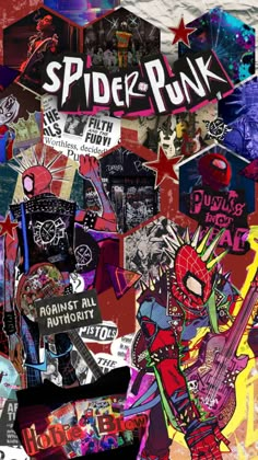 a collage of stickers and pictures with the words spider - punk on them