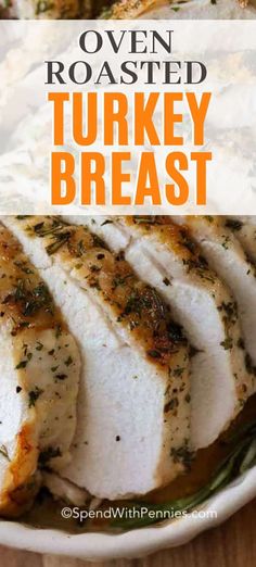 turkey breast on a white plate with text overlay