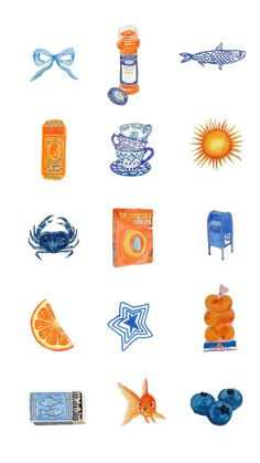 an image of various items that can be seen in this painting or drawing style, including oranges and blue objects