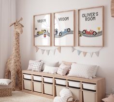 a child's room decorated in neutral colors