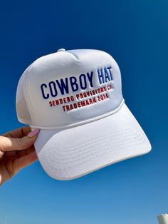 Sarcasm rules with this cute foam trucker hat! The Cowboy Hat for everyone. Featuring a 5 panel construction and curved brim, donning the words "Cowboy Hat," so you can participate in the trend without straying too far from your style. Adjustable fit Snapback White Trucker Hat With Short Brim, White Hip Hop 5-panel Trucker Hat, White Adjustable Trucker Hat For Rodeo, White Trucker Hat For Rodeo, White Trucker Baseball Cap For Rodeo, White Trucker Snapback Hat With Short Brim, White Trucker Hat For Summer Rodeo, White Snapback Hat With Letter Print And Short Brim, White Flat Brim Baseball Cap For Rodeo