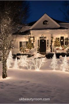 a house covered in christmas lights and trees