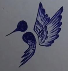 a blue and white drawing of a bird with its wings spread out to the side