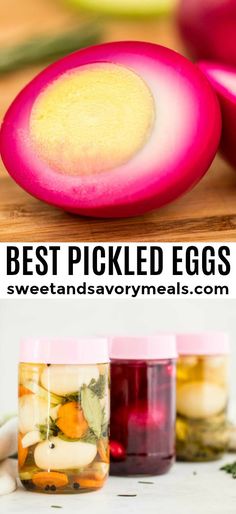 pickled eggs in jars with text overlay that says best pickled eggs