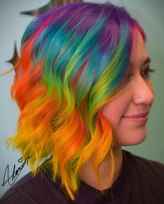 Rainbow Short Hair, Rainbow Hair Color Short, Prism Hair Color Short, Vivid Hair Color Short Bobs, Short Hair Rainbow Color, Rainbow Hair Placement, Short Rainbow Hair, Hair Dyed Underneath, Split Dyed Hair